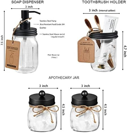 Amolliar Mason Jar Bathroom Accessories Set, 4Pcs Glass Bathroom Set, Black