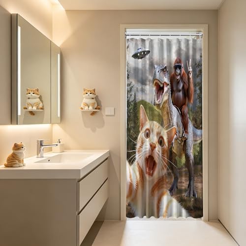 Small Stall Shower Curtain Rv Cat Riding Dinosaur, 36 x 72 Inchs