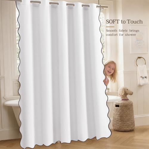 Furlinic No Hook Scalloped White Shower Curtain Linen Waterproof Boho 48x75
