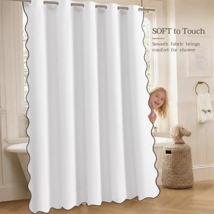 Furlinic No Hook Scalloped White Shower Curtain Linen Waterproof Boho 48x75