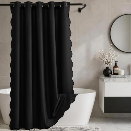 Furlinic No Hook Black Scalloped Shower Curtain Waterproof Fabric W78 x H75