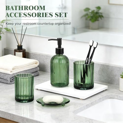 Bathroom Accessories Set, 4Pcs Glass Bathroom Accessories Sets Complete Lotion Soap Dispenser, Toothbrush Holder, Mouthwash Cup, Soap Dish for Bathroom Decor, Countertop Organizer (Green)