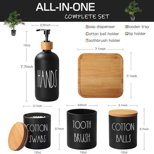 Matte Black Bathroom Accessories Set, 5 Pcs Glass Bathroom Accessory Set with Bamboo Tray, Soap Dispenser and Toothbrush Holder Set, Qtip Holder Set, Farmhouse Boho Bathroom Set Complete