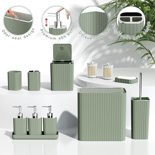 Bathroom Accessory Set - Bathroom Sets with Shower Curtain and Rugs, Sage Green Bathroom Set, 27PC Bathroom Accessories Set, Mini Trash Can, Toilet Brush, Trash Can & Soap Dispenser
