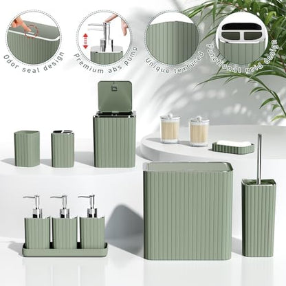 Bathroom Accessory Set - Bathroom Sets with Shower Curtain and Rugs, Sage Green Bathroom Set, 27PC Bathroom Accessories Set, Mini Trash Can, Toilet Brush, Trash Can & Soap Dispenser