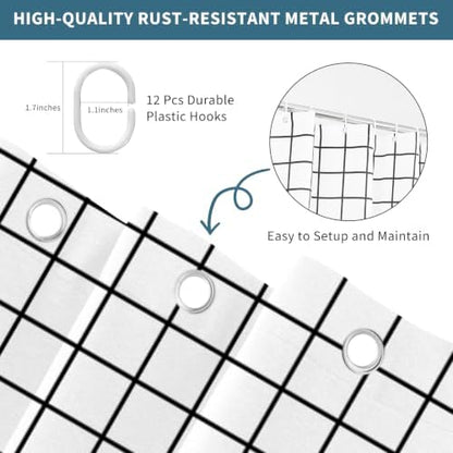 Modern Black and White Grid Shower Curtain, 72" W x 84" L
