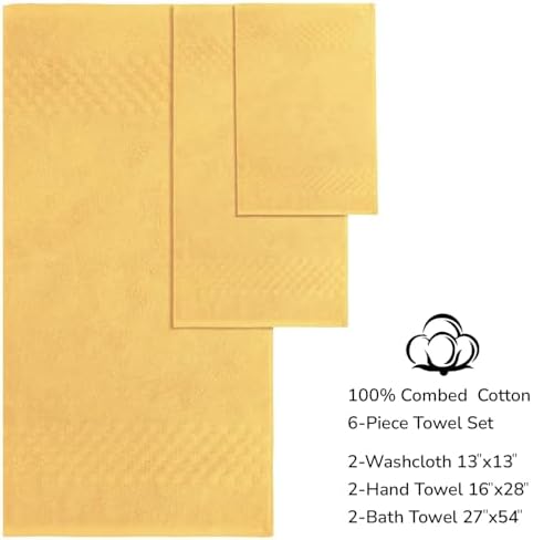 Feather & Stitch 100% Cotton 625 GSM Bath Towel Set of 6, Ultra Soft Highly Absorbent 2 Bath Towels, 2 Hand Towels & 2 Washcloth - Luxury Quick Dry Shower Towels (Yellow)