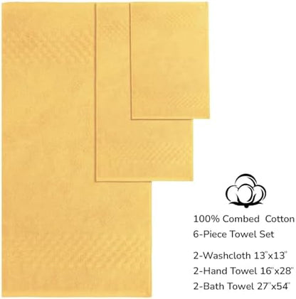 Feather & Stitch 100% Cotton 625 GSM Bath Towel Set of 6, Ultra Soft Highly Absorbent 2 Bath Towels, 2 Hand Towels & 2 Washcloth - Luxury Quick Dry Shower Towels (Yellow)