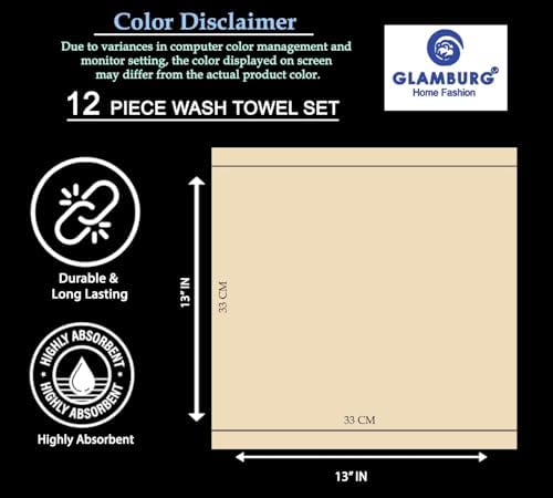 GLAMBURG Ultra Soft 12-Piece Washcloths Set 13x13-100% Ringspun Cotton - Durable & Highly Absorbent Face Towels - Ideal for use in Bathroom, Kitchen, Gym, Spa & General Cleaning - Light Grey