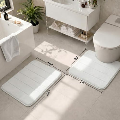 2 Piece Memory Foam Bath Mat Set, Extra Soft Absorbent Bathroom Rugs with U-Shaped Toilet Rug, Non-Slip Backing, Machine Washable, 24x16 + 20x20 U-Shaped, White