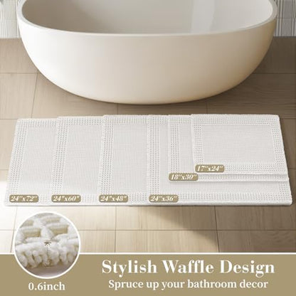 RESARE Waffle Bathroom Runner Rugs, Non Slip Boho Bath Mat 24"x72" White