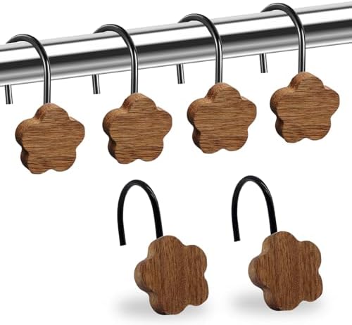 Shower Curtain Hooks, Wood Decorative Shower Curtain Rings, Modern Round Log Shower Curtain Hangers, 12PCS Shower Hooks for Shower Curtain Rod, Bedroom, Living Room (Flower-Black)