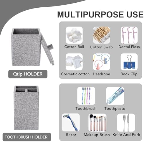 Gray Bathroom Accessories Set Resin 6PCS, Square Toothbrush Holders Set Complete with Soap Dispenser, Vanity Tray, Tumbler, Cups and Cotton Swab Jars for Counter, Sink or Small Spaces