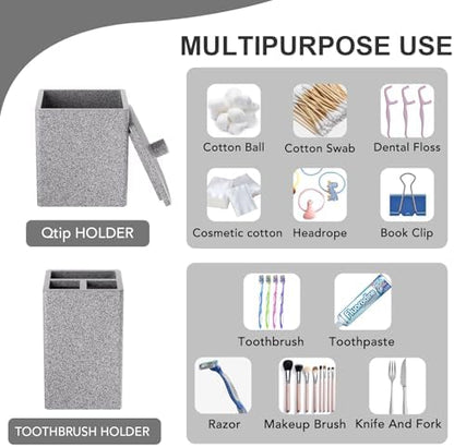 Gray Bathroom Accessories Set Resin 6PCS, Square Toothbrush Holders Set Complete with Soap Dispenser, Vanity Tray, Tumbler, Cups and Cotton Swab Jars for Counter, Sink or Small Spaces