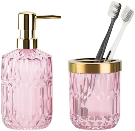 RRM Glass Bathroom Toothbrush Holder and Soap Dispenser Set, Pink