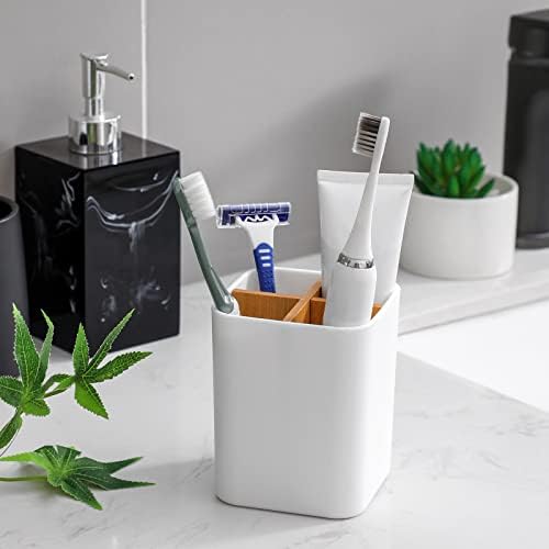 Bamboo Toothbrush Holder for Bathrooms Toothpaste Organizer - White