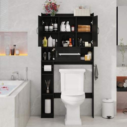 Vabches Over The Toilet Cabinet with 2 Barn Doors & Sliding Door, Black