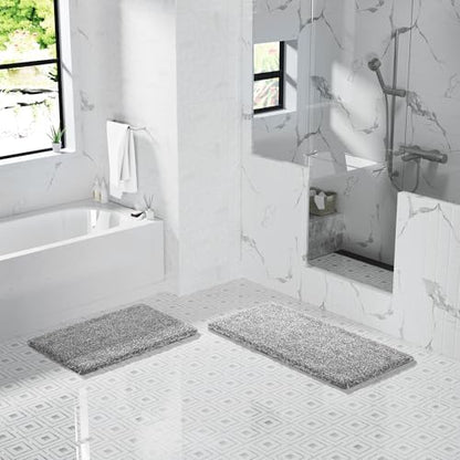 Yimobra Luxury Bathroom Rugs, Fluffy Bath Mats, Non Slip, Water Absorbent Microfiber, Machine Washable, Plush Carpet Shower Rugs, Thick Matts for Bathroom Floor&Tub, 44" X 24", Light Gray and White