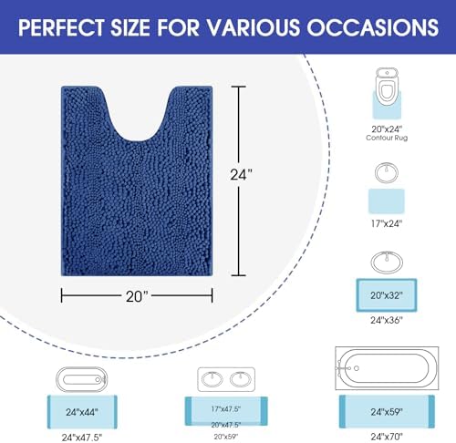 ACCUMTEK Striped Denim Blue Toilet Bathroom Rug Mat 24" x 20" Contour Rug Ultra Soft, Non Slip Chenille Bath Rugs, Absorbent Plush Shaggy Bath Mats for Bathroom, Bedroom, Kitchen, Shower, Tub