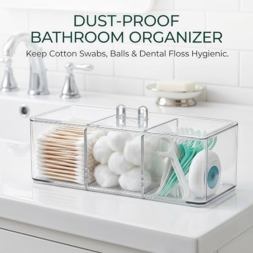 Clear Bathroom Organizer with Lid, 3 Compartment Cotton Swab Holder