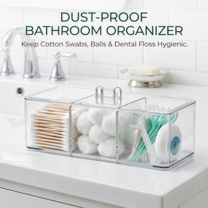 Clear Bathroom Organizer with Lid, 3 Compartment Cotton Swab Holder