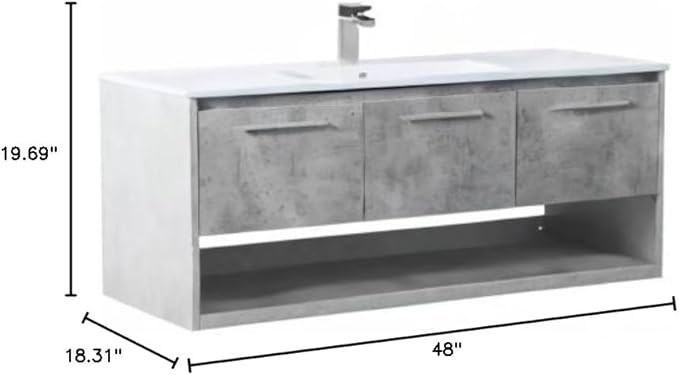 Elegant Decor Kasper 48" Single Porcelain Top Floating Bathroom Vanity in Gray