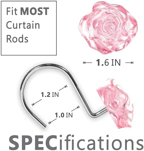 Pink Rose Shower Curtain Hooks: Cute Flower Bathroom Curtain Rings, 12Pcs