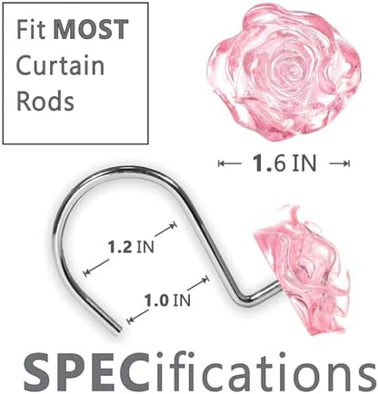 Pink Rose Shower Curtain Hooks: Cute Flower Bathroom Curtain Rings, 12Pcs