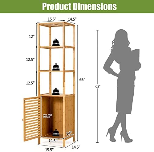Tangkula Bathroom Cabinet, 65 Inch Tall Slim Bathroom Storage Cabinet with Shutter Door and 3 Open Shelves, Narrow Multifunctional Tower Cabinet, Natural Bamboo, 15.5 x 14.5 x 65 Inch