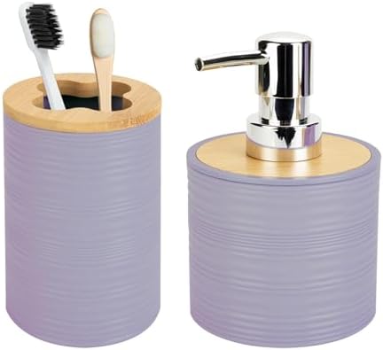 2PCS Lavender Bathroom Set, Soap Dispenser, Dish & Bamboo Holder, Rustic