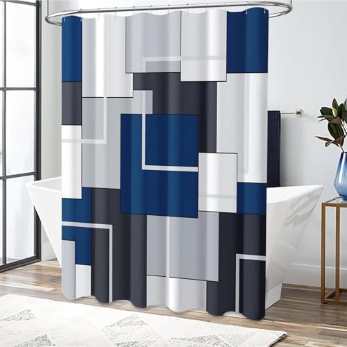 BTTN Navy Blue Modern Geometric Waterproof Fabric Shower Curtain, 72x72
