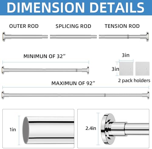 CorkLatta Chrome Adjustable Shower Curtain Rod 32 to 92 inch with 2 Holders