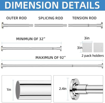 CorkLatta Chrome Adjustable Shower Curtain Rod 32 to 92 inch with 2 Holders