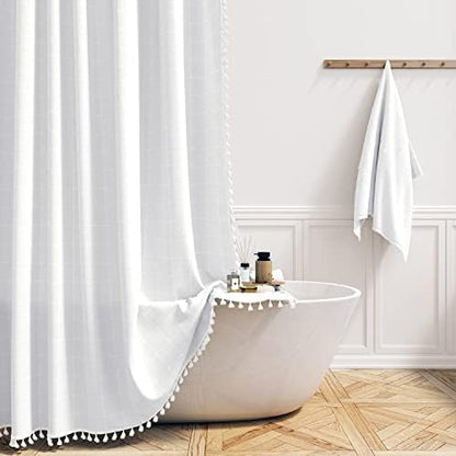 BTTN White Boho Farmhouse Linen Heavy Duty Fabric Shower Curtain Set, 72x72