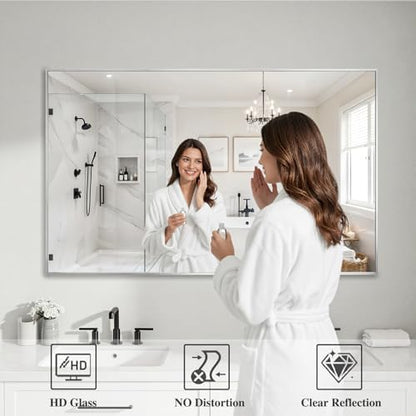 Koonmi Silver Rectangle Wall Mirror, 30x48 Inch Bathroom Mirror, Aluminum Frame Vanity Mirror for Entryway, Living Room, Bedroom Bathroom, Hangs Horizontally or Vertically