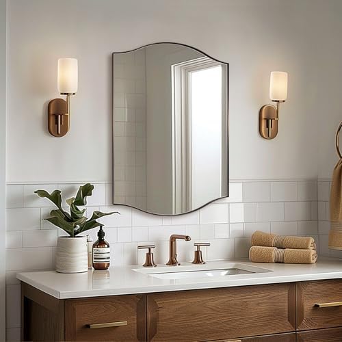ANDY STAR 22"x30" Bronze Bathroom Mirror, Rectangle Scalloped Wall Mirror in Stainless Steel Metal Frame, Modern Brushed Bronze Finish with Curved Edge Design, Wall-Mount Mirror for Bathroom, Entryway