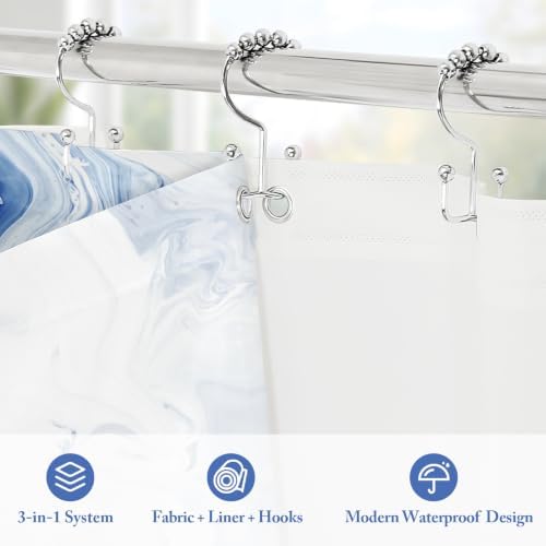 3 in 1 Grey Marble Shower Curtain Set with PEVA Liner & 12 Hooks, 72 x 84