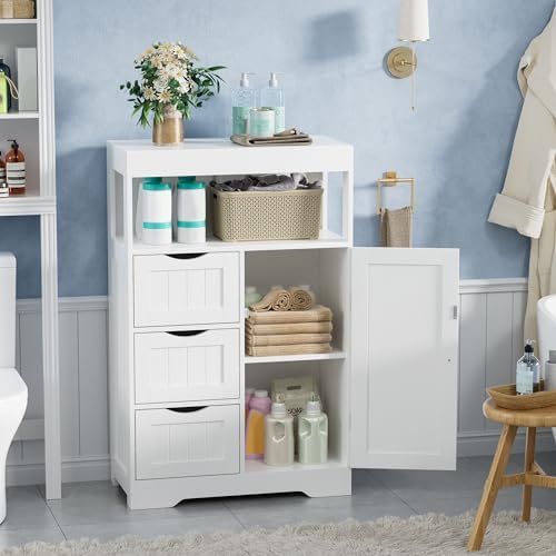 JUMMICO Bathroom Floor Cabinet, Wooden Free-Standing Storage Organizer with 1 Door and 3 Drawers, Bathroom Storage Cabinet for Living Room/Kitchen/Hallway/Home Office (Light White, 3 Drawers)