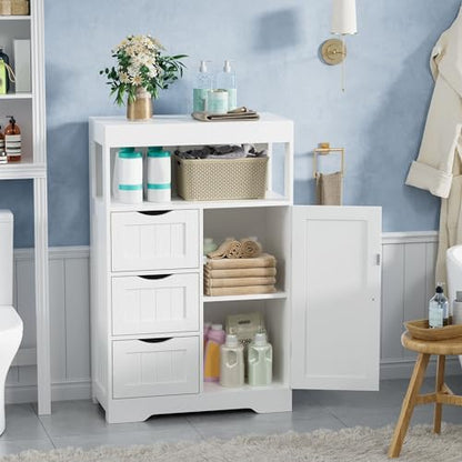 JUMMICO Bathroom Floor Cabinet, Wooden Free-Standing Storage Organizer with 1 Door and 3 Drawers, Bathroom Storage Cabinet for Living Room/Kitchen/Hallway/Home Office (Light White, 3 Drawers)