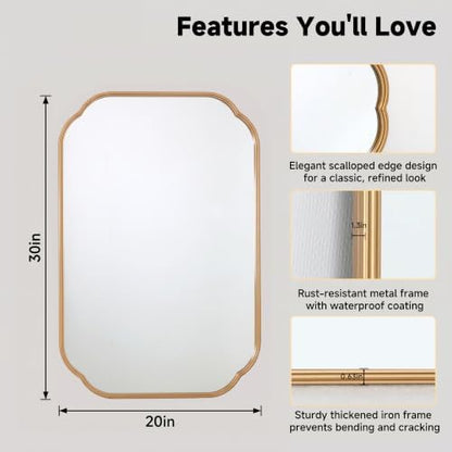 30"x20" Gold Scalloped Mirror for Bathroom, Rust-Proof Metal Frame