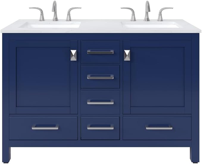 Eviva Aberdeen 48 Inch Bath Vanity with Sink Blue Bathroom Vanity with Carrara Quartz Top Freestanding Double Sink Bath vanities with Spacious Storage -Bathroom Sink Cabinet and top Combo
