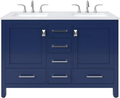 Eviva Aberdeen 48 Inch Bath Vanity with Sink Blue Bathroom Vanity with Carrara Quartz Top Freestanding Double Sink Bath vanities with Spacious Storage -Bathroom Sink Cabinet and top Combo