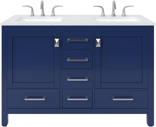 Eviva Aberdeen 48 Inch Bath Vanity with Sink Blue Bathroom Vanity with Carrara Quartz Top Freestanding Double Sink Bath vanities with Spacious Storage -Bathroom Sink Cabinet and top Combo
