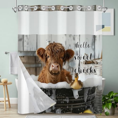 No Hook Highland Cow Shower Curtain and Liner Set 71x74 Inch