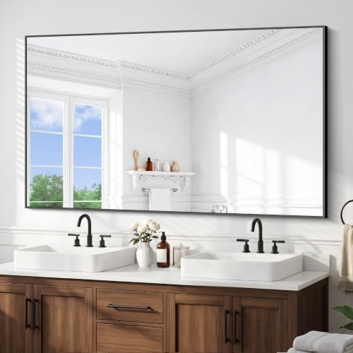 BONEWEI Bathroom Mirror,66x40 inch Large Wall Mirror for Bathroom Wall Mounted Black Rectangle Corner Mirrors,Black Bathroom Mirror for Living Room,Farmhouse,Bedroom Entryway,Horizontal/Vertical
