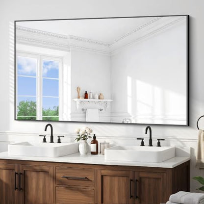 BONEWEI Bathroom Mirror,66x40 inch Large Wall Mirror for Bathroom Wall Mounted Black Rectangle Corner Mirrors,Black Bathroom Mirror for Living Room,Farmhouse,Bedroom Entryway,Horizontal/Vertical