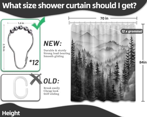 Black and White Forest Extra Long Shower Curtain, Tall 72X84 in, Mens