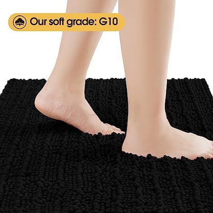 ACCUMTEK Upgrade Luxury Black Bathroom Rug Mat 48"x17", Ultra Soft Thick Absorbent Bath Mats, Non Slip Chenille Toilet Mat for Bathroom, Bedroom, Kitchen, Shower, Tub