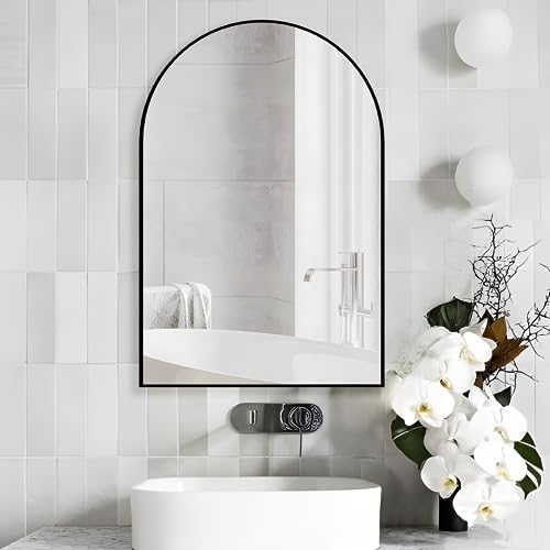 Wall Mounted Mirror, Arched Wall Mirror for Bathroom, 24"x36" Arch Bathroom Mirror with Metal Frame, Black Vanity Mirror Decor for Mantle, Bedroom, Entryway, Living Room