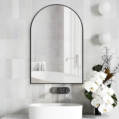 Wall Mounted Mirror, Arched Wall Mirror for Bathroom, 24"x36" Arch Bathroom Mirror with Metal Frame, Black Vanity Mirror Decor for Mantle, Bedroom, Entryway, Living Room